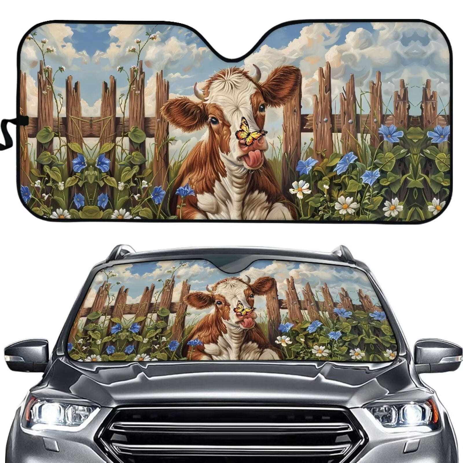 FOR U DESIGNS Cow Car Sunshade Windshield UV Protection Folding Auto ...