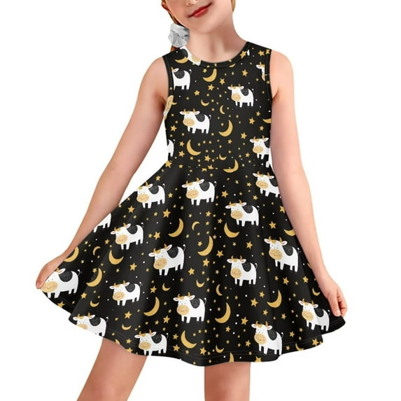 CLOHOMIN Cow Moon Summer Sleeveless Tank Dress Breathable Self Cultivation Jumpskirt Holiday Party Gifts Dresses for Kids Girl 11-12 Years Old Casual Sundress