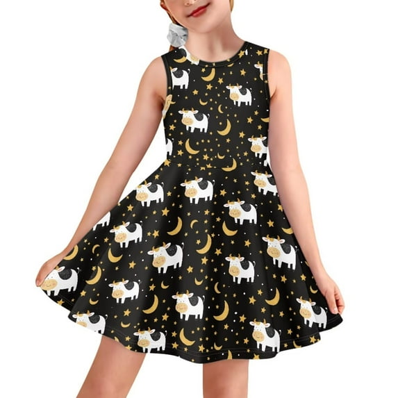 FOR U DESIGNS Cow Moon Summer Sleeveless Tank Dress Breathable Self Cultivation Jumpskirt Holiday Party Gifts Dresses for Kids Girl 13-14 Years Old Casual Sundress