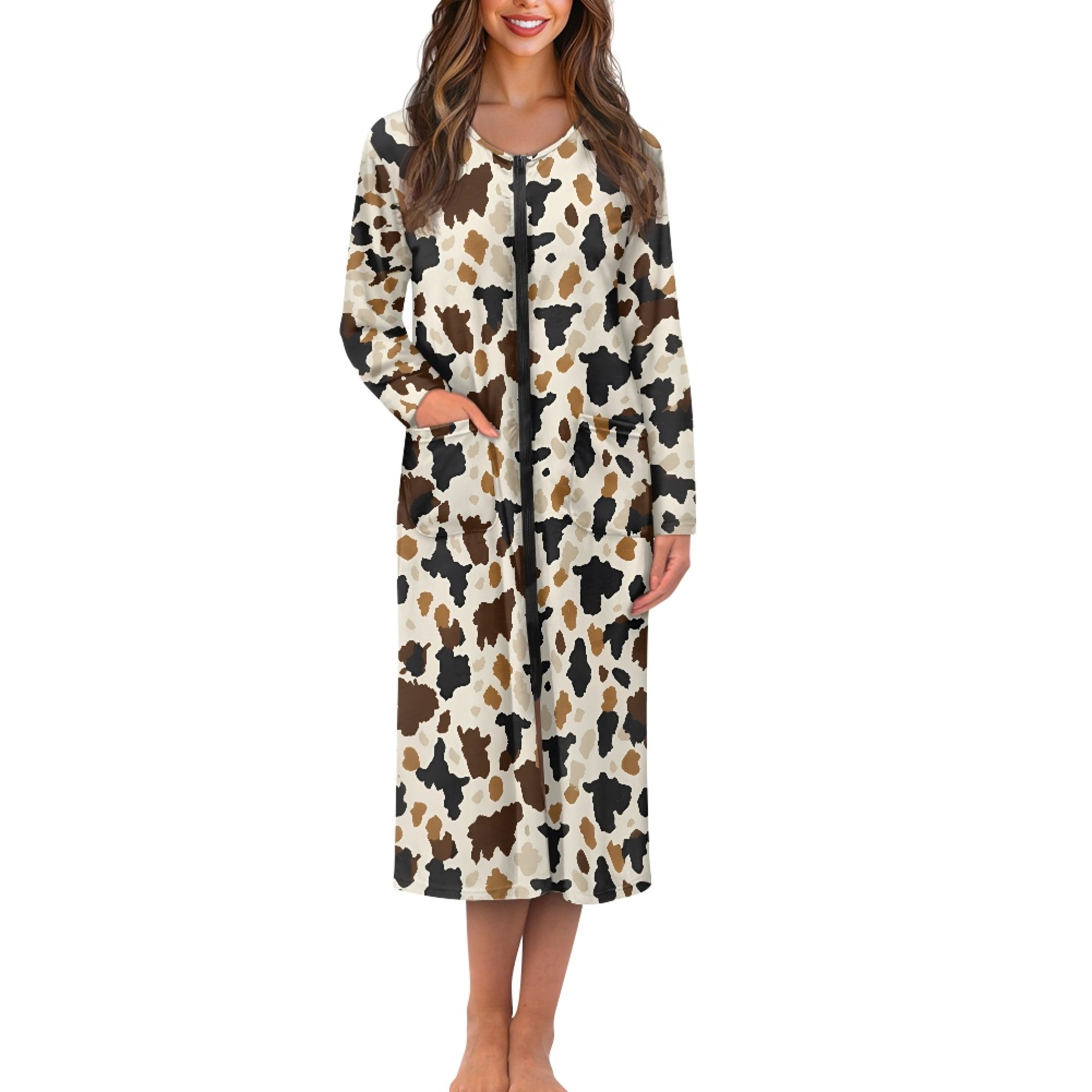 FOR U DESIGNS Cow Pattern House Dresses for Woman Zip Up House Dresses ...