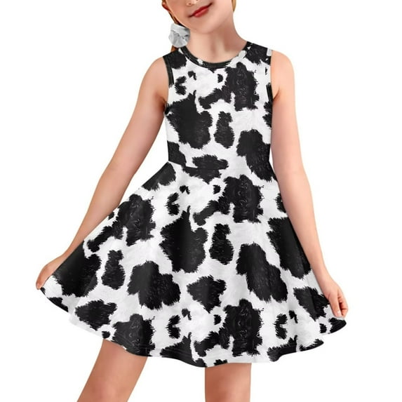 CLOHOMIN Cow Print A Line Tank Dress for Teens Girls Softy Flared Dresses Loose Sleeveless Midi Sundress 15-16 Years Old Kids High Waistline Princess Dress