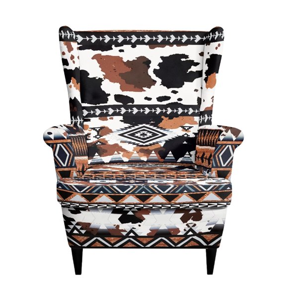 FOR U DESIGNS Cow Spot Tribal Aztec Print Durable Wingback Chair Slipcover 2Pcs Pet Friendly Washable Armchair Slipcover with Elastic Bottom Breathable Furniture Protector for Bedroom