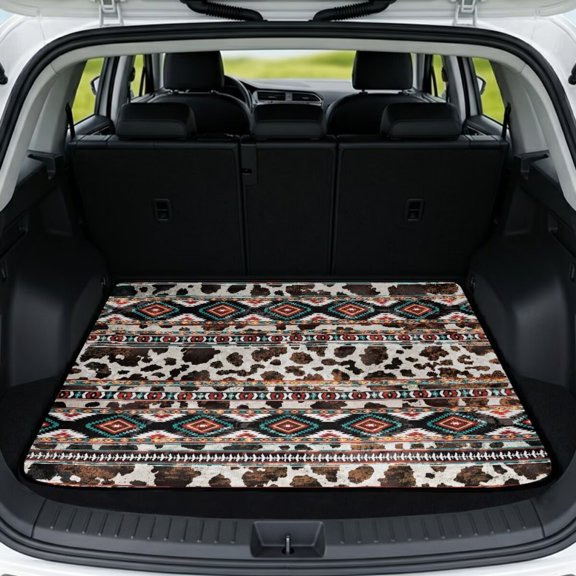 FOR U DESIGNS Cow Spot Tribal Geometric Aztec Print Car Trunk Mat Anti-Slip All Weather Cargo Liner Durable Rear Trunk Protection Universal Car Accessories for SUV Van Sedan