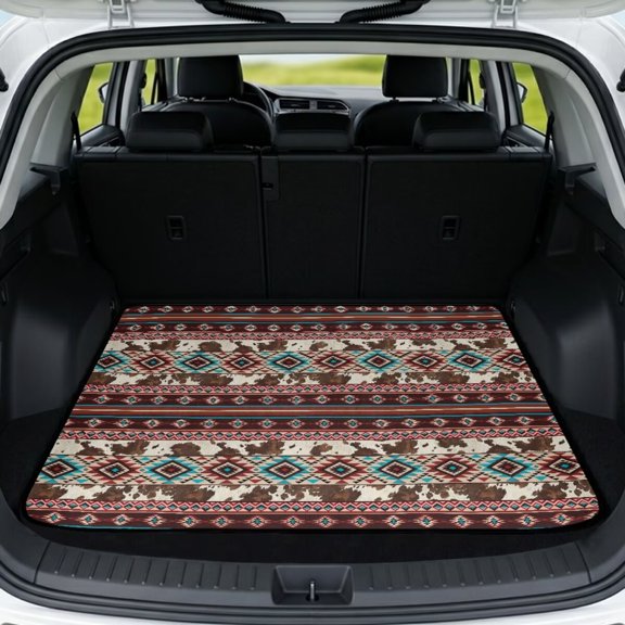 FOR U DESIGNS Cow Spot Tribal Geometric Aztec Print Trunk Mat Cargo Liner Universal Non-Slip Trunk Liner All Weather Durable Rear Protection for Most Cars