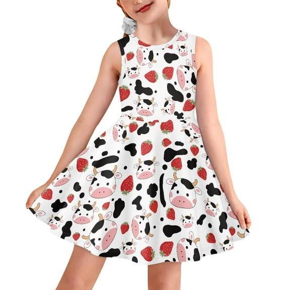 FOR U DESIGNS Cow Strawberry Twirly Dresses for Girls 7-8T Lovely Round Neck Midi Dresses for Beach, Party, Swim, Skin Friendly T-shirt Dress Kids Sleeveless Sundress