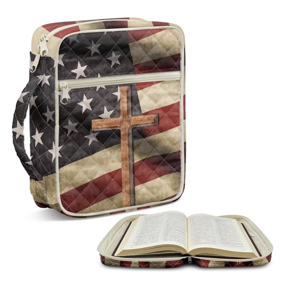 FOR U DESIGNS Cross American Flag Print Bible Case Lightweight Bible Holder Case with Handle Washable Book Cover Church Bag Bible Protective Tote Bag with Zipper Pocket