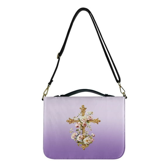 FOR U DESIGNS Cross Floral Bible Case with Strap Size M Aesthetic Sturdy Bible Protector Easy to Clean Bible Bag for Men PU Leather with Shoulder Strap Christian Personalized Book Organizer Bag