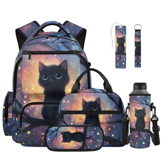 FOR U DESIGNS Cute Galaxy Cat Print Backpack 6Pcs Set for Girls, School Bag with Lunch Box Pencil Case Water Bottle Carrier Leather Bookmark Keychain, for Elementary Middle School Girls