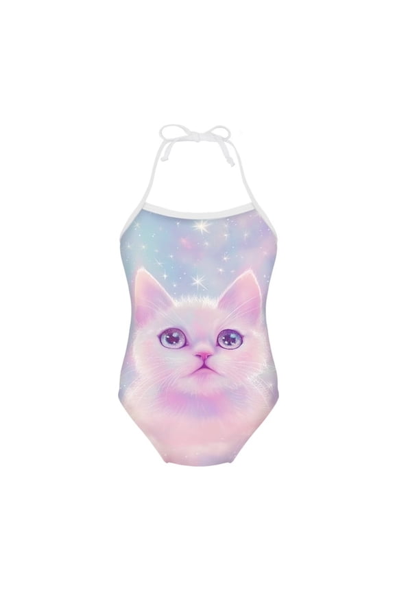 FOR U DESIGNS Cute One Piece Swimsuit for Girls Cat Beach Sport Halter Swimwear Novelty Lace-up Bathing Suit for Kids Girls 9-10 Years Old Summer Quick Dry Swimsuits