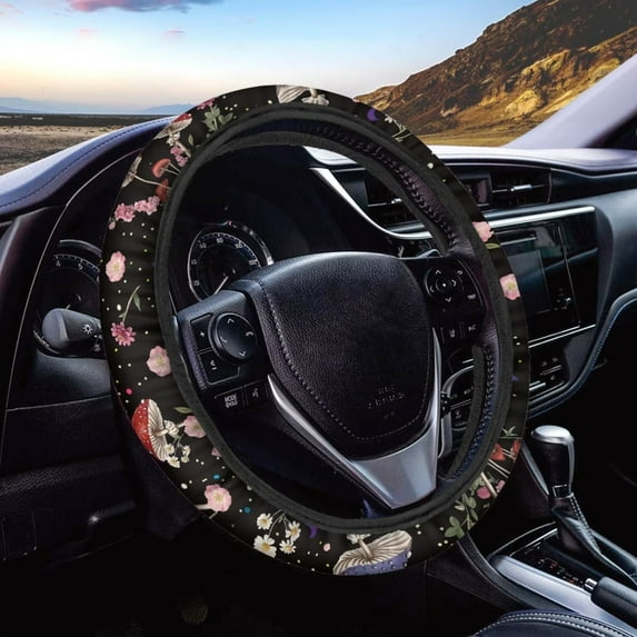 FOR U DESIGNS Cute Steering Wheel Covers Aesthetic Mushroom Floral Accessories Van Auto SUV Interior Decoration, Sweat Absorption Car Wrap Cover for Girls