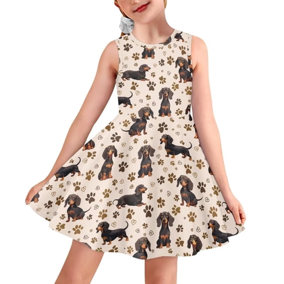 FOR U DESIGNS Dachshund Dog Sleeveless Dress Teen for Dance Party Vacation Adorable Round Neck Tank Dresses Stylish Knee Length Jumpskirt for 9-10 Years Old Kids Girls