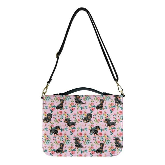 FOR U DESIGNS Dachshund Rose Bible Case for Women Washable PU Bible Case with Handle Size 2X-Large with Adjustable Strap Bible Book Carrying Case Soft Crossbody Backpack Bag Purse