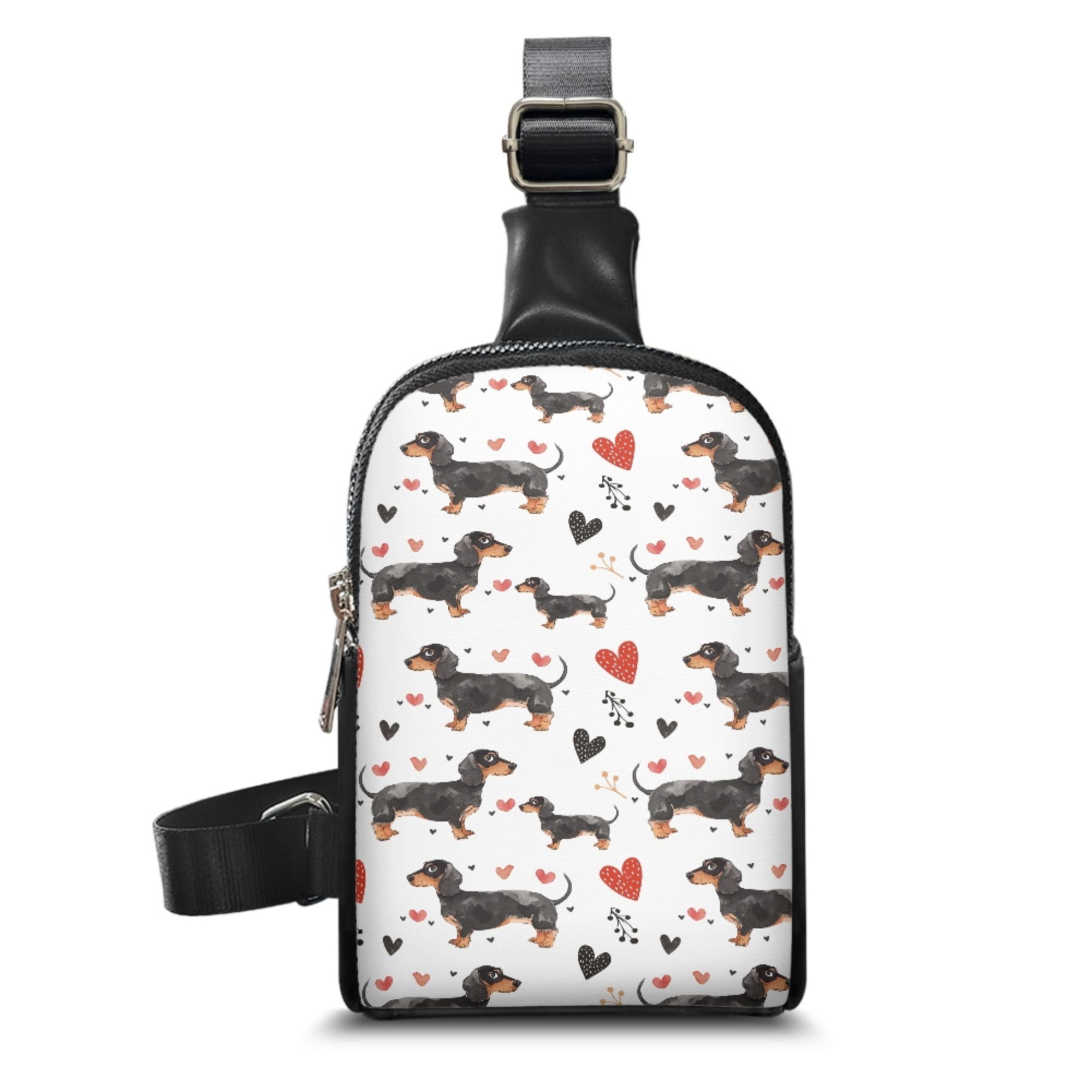 FOR U DESIGNS Dachshund Sling Bag for Women Dog Crossbody Bags White Cross Body Purse PU Leather Fanny Pack with Adjustable Shoulder Strap Cute Chest Bag Heart Belt Bag