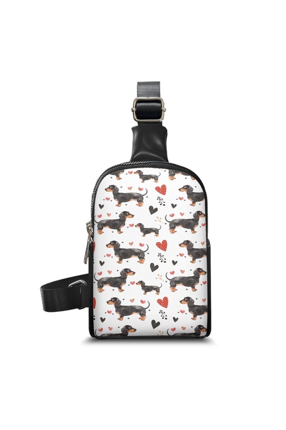 FOR U DESIGNS Dachshund Sling Bag for Women Dog Crossbody Bags White Cross Body Purse PU Leather Fanny Pack with Adjustable Shoulder Strap Cute Chest Bag Heart Belt Bag
