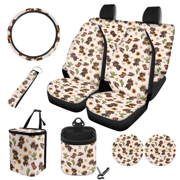 FOR U DESIGNS Dachshund Sunflower Cactus Print Car Seat Covers Set of 10 Non-Fading Car Trash Bin Steering Wheel Cover Auto Air Vent Storage Bag Coasters Keychain Universal Fit for SUV Sedan Truck
