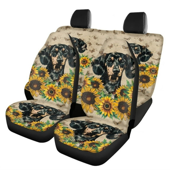 FOR U DESIGNS Dachshund Sunflower Print Car Seat Covers Full Set Scratch-Resistant Front and Rear Split Bench for Cars Waterproof Automotive Accessories for Auto Trucks Van SUV
