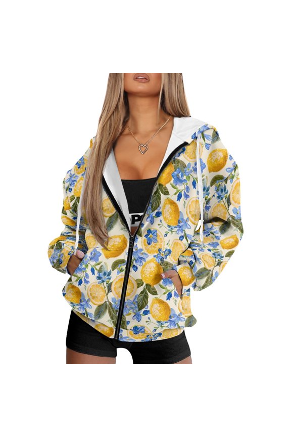 FOR U DESIGNS Daisy Lemon Hooded Zip Up Sweatshirt Women Cardigan Jacket for Women Size XS Lightweight Oversized Hoodie Sweatshirt Zipper Front Women Long Sleeve Hoodies