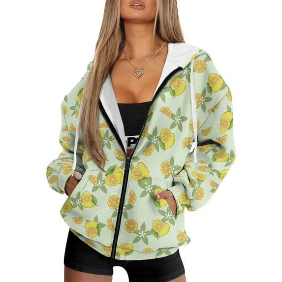 FOR U DESIGNS Daisy Lemon Zip Up Hooded Jacket Women Oversized Cardigan Hoodies Size XS Hooded Sweatshirt Women with Front Zipper Lightweight Long Sleeve Activewear