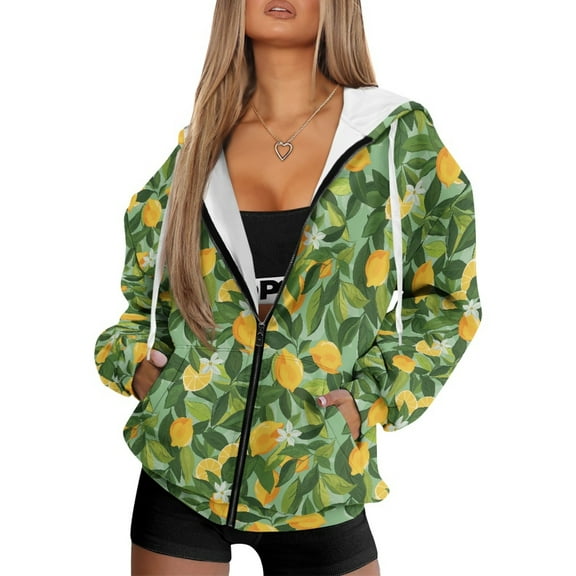FOR U DESIGNS Daisy Lemon Zip Up Hoodies for Women Oversized Hoodie Size XS Long Hooded Sweatshirt Zipper Women Down-Shoulder Collar Activewear with Pockets Fall