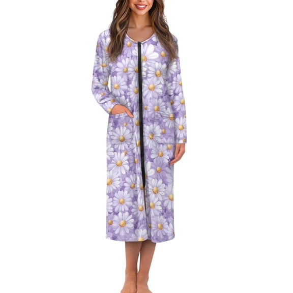 FOR U DESIGNS Daisy Purple Pattern House Dresses for Women Comfortable Womens Embroidered Housecoat Lightweight Long Sleeve Night Gowns House Coat with Pockets, 2XL