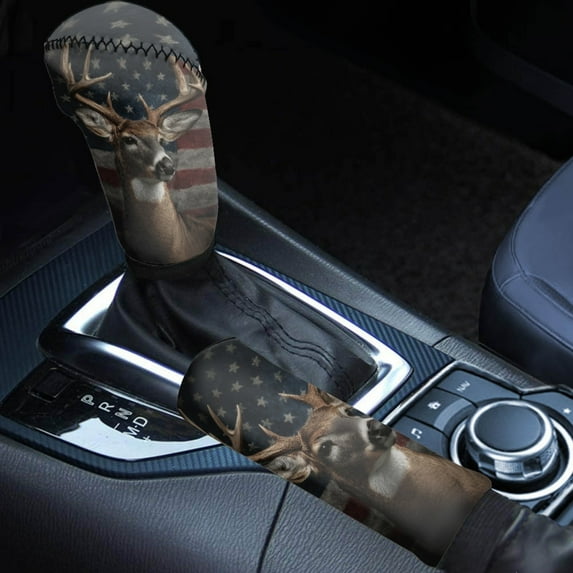 FOR U DESIGNS Deer American Flag Print 2 Pcs Car Gear Shift Cover + Handbrake Protectors Decoration Universal Car Interior Accessories Set Fit for Vehicles SUVs Trucks