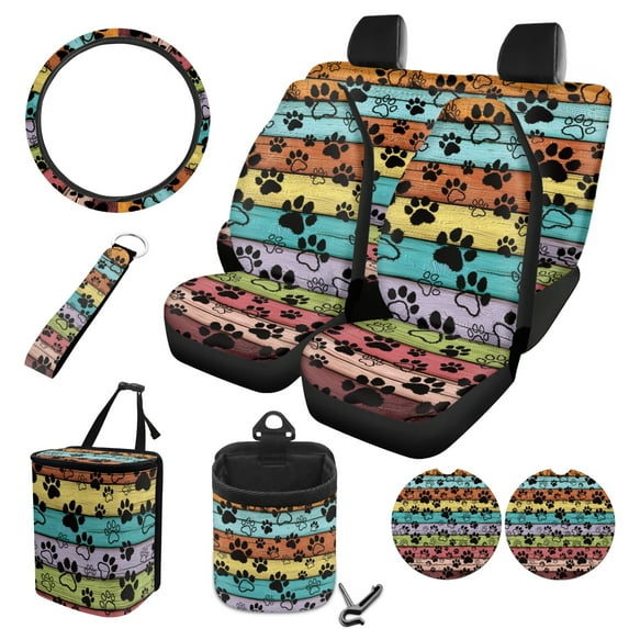 FOR U DESIGNS Dog Paw Colorful Wood Pattern Car Seat Covers Full Set Scratch-Resistant Steering Wheel Cover, Hanging Auto Trash Can, Air Vent Pouch, Coasters, Keychain Interior, Pack of 10