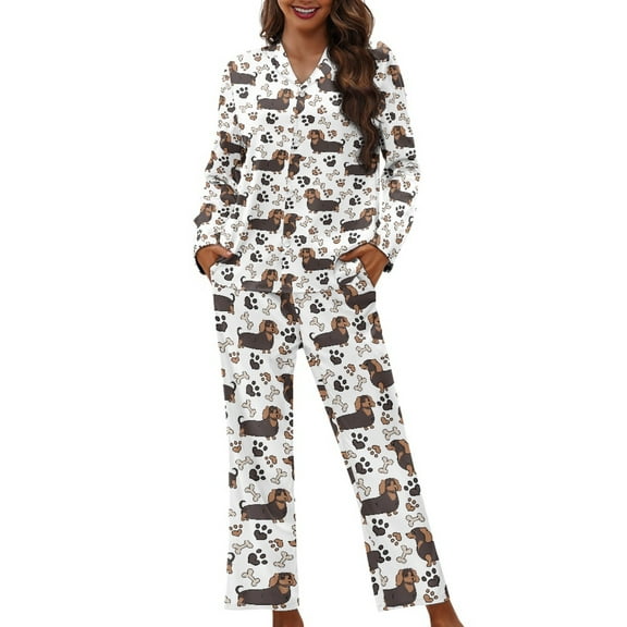 FOR U DESIGNS Dog Paw Dachshund Pajama Sets for Women 2 Piece Button Up Shirt Womens Nightwear Sets Button Front Sleepwear Size XS Long Sleeve Pants and Tops