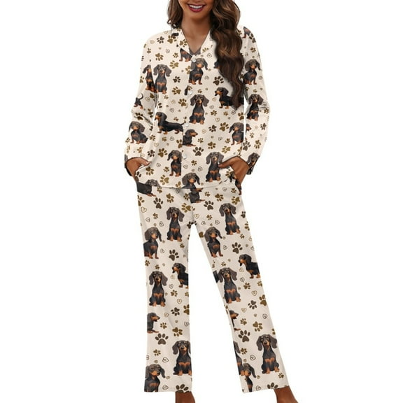 FOR U DESIGNS Dog Paw Dachshund Womens Button Down Pajama Sets Long Sleeve Pj Pants Set 2 Pack Size 4XL Sleepwear with Pockets Nigtwear Long Tops for Women Fall