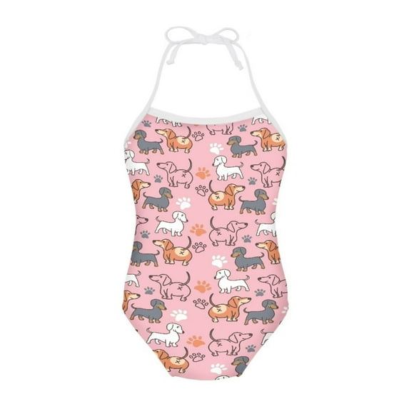 FOR U DESIGNS Dog Theme One Piece Bathing Suit for Girls 3-4T Off Shoulder Swimsuit with Adjustable Neck Strap Casual Backless Swimwear Pool Beach Outfit, Pink