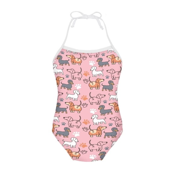 FOR U DESIGNS Dog Theme One Piece Bathing Suit for Girls 7-8T Off Shoulder Swimsuit with Adjustable Neck Strap Casual Backless Swimwear Pool Beach Outfit, Pink