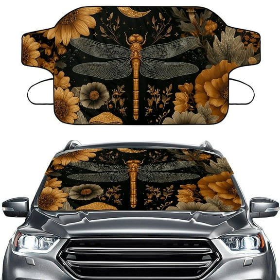 FOR U DESIGNS Dragonfly Sunflower Pattern All Weather Car Windshield Cover for Ice and Snow, Auto Windshield Frost Cover Front Window Automotive Covers Universal Fit for Truck SUV Sedan