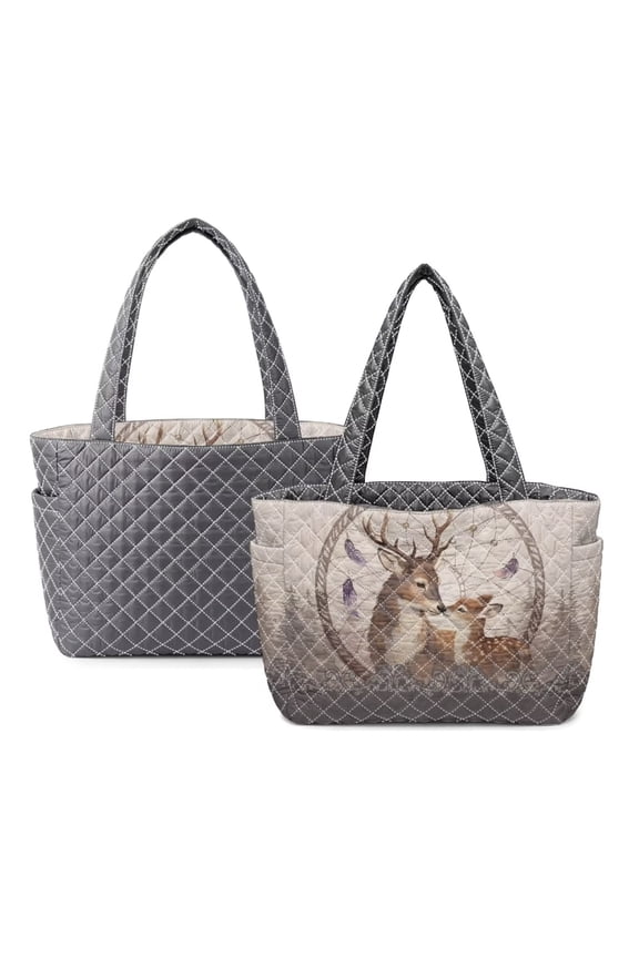 FOR U DESIGNS Dreamcatcher Deer Print Quilted Tote Bag for Women Lightweight Tote Purse with Pockets Two Tone Reversible Shoulder Bag for Travel Work School Gym 2026
