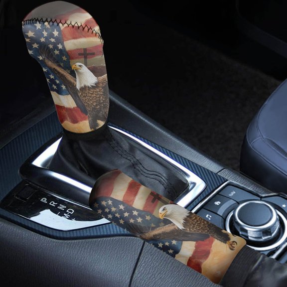 FOR U DESIGNS Eagle Cross American Flag Pattern Car Shift Knob Cover Gear Shift Cover Set 2 Pack Vehicle Handle Level Stick Knob Cover Car Handbrake Grip Cover Keep Dry Auto Interior Accessories