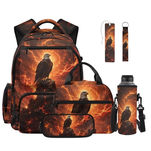FOR U DESIGNS Eagle Fire Flame Print 6Pcs Backpack Set for Boys Teens, Casual Bookbag with Lunch Box Pencil Pouch Water Bottle Holder Leather Bookmark Keychain, Durable Schoolbag for School Travel