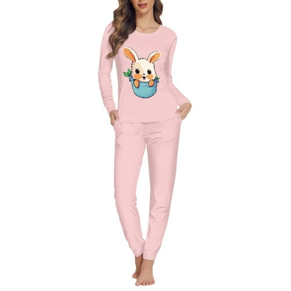 FOR U DESIGNS Easter Carrot Bunny Pajamas Sets for Women 2 Piece Sleepwear Long Pants and Tops Size L Nightwear Set Long Sleeve with Pockets for Women Jogger Pjs