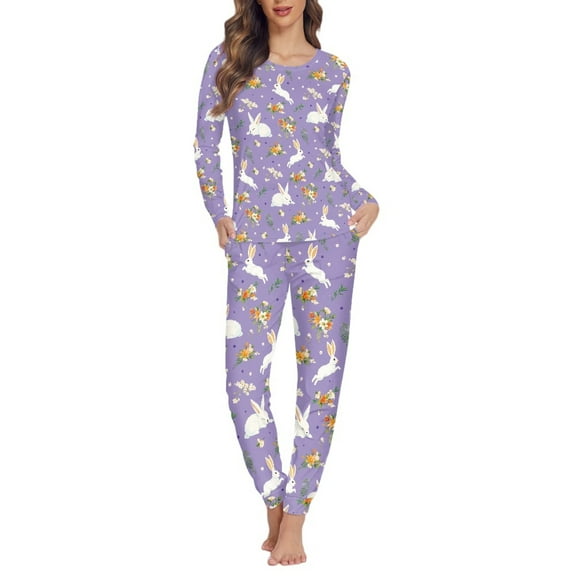 FOR U DESIGNS Easter Rabbit Pajamas for Women Set Long Sleeve Set of 2 Size XS Ladies Sleepwear Pajama Long Pans with Pockets Nightwear Crew Neck Tops for Women