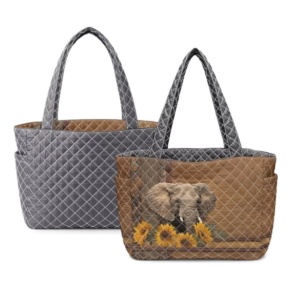FOR U DESIGNS Elephant Sunflower Print Tote Bag for Women, Quilted Hobo Purse with Side Pockets, Two Tone Tote Handbag Large Capacity Reversible Shoulder Bag for Gym Daily