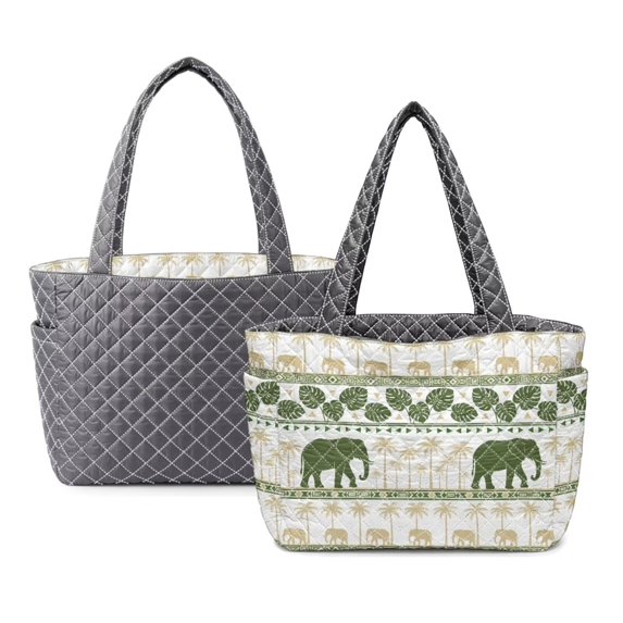 FOR U DESIGNS Elephant Tropical Monstera Palm Tree Print Tote Bag for Women, Reversible Two Tone Tote Handbag with Side Pockets, Lightweight Hobo Purse Double Sided Usable Shoulder Bag for School
