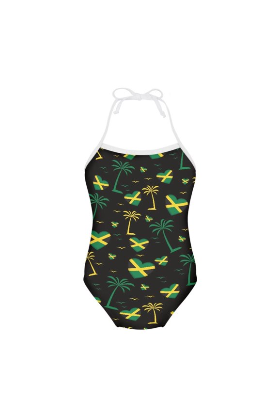 FOR U DESIGNS Fashion Jamaican Flag One Piece Swimsuit for Girls Coconut Tree Off Shoulder Swimwear Kids Toddlers Tropical Beach Bathing Suit Size 3-4