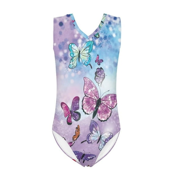 FOR U DESIGNS Fashion Sleeveless Swimsuit for Teens Kids Breathable V-Neck Gymnastics Leotard Colorful Butterfly One Piece Bathing Suit Girls Size 7-8