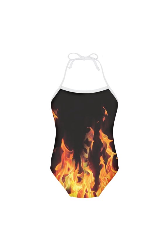 FOR U DESIGNS Fire Halter Swimsuit for Teens Girls 7-8 Years Old Lightweight Off Shoulder Halter Neck Bathing Suit Cool One Piece Swimwear of Beach Pool Party