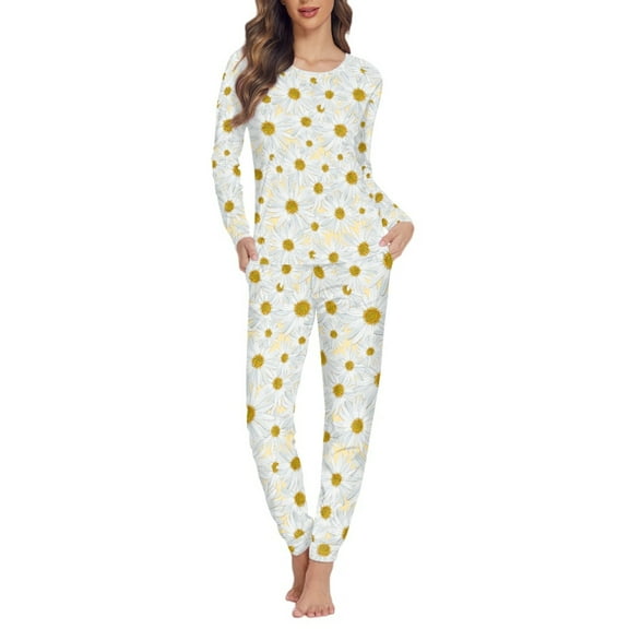 FOR U DESIGNS Floral Daisy Pj Sets for Women Long Sleeve Nightwear Set of 2 Size L Ladies Sleepwear Long Crew Neck Tops for Women Pajamas Pants with Pockets