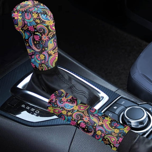 FOR U DESIGNS Floral Pattern Car Handbrake Cover Gear Shift Cover Set of 2 Waterproof Auto Handle Level Stick Knob Cover Car Selector Handball Collar Vehicle Interior Decoration