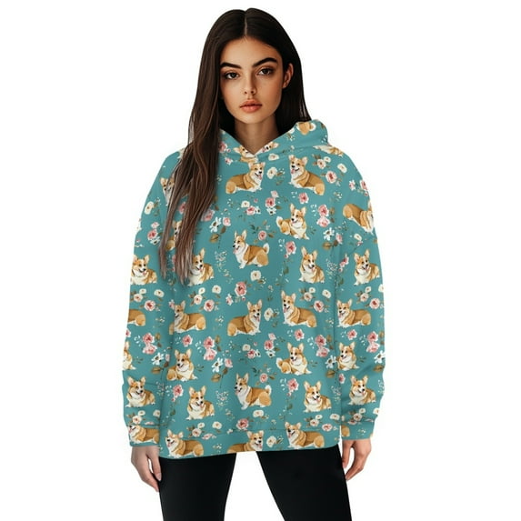 FOR U DESIGNS Flower Corgi Womens Hoodie Sweater Long Sleeve Loose Pullover Sweatshirt Size XL Lightweight Sweatshirts with Hood for Women Activewear Tops Winter