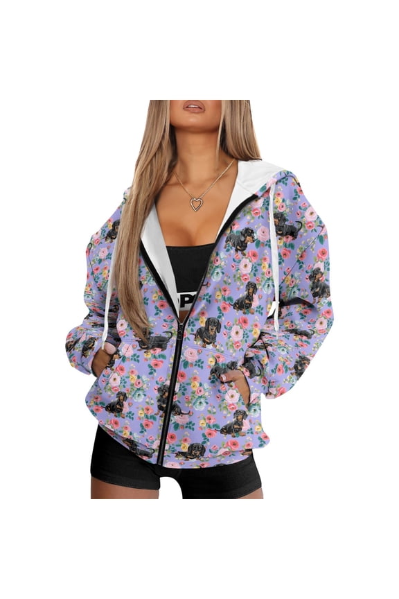FOR U DESIGNS Flower Dachshund Zip Up Hoodie Women Cardigan Oversized Comfy Hoodies Size XL Long Sleeve Sweatshirt Hooded Jackets for Women with Zipper Sportswear