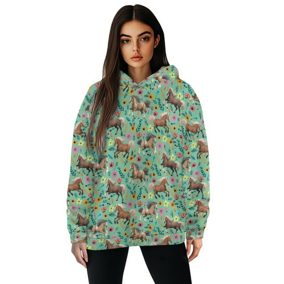 FOR U DESIGNS Flower Horse Hoodies Sweatshirts Hooded Pullover for Women Size 2XL Oversized Women Graphic Down-Shoulder Collar Hoodie Designs Pullover Long Sleeve Tops