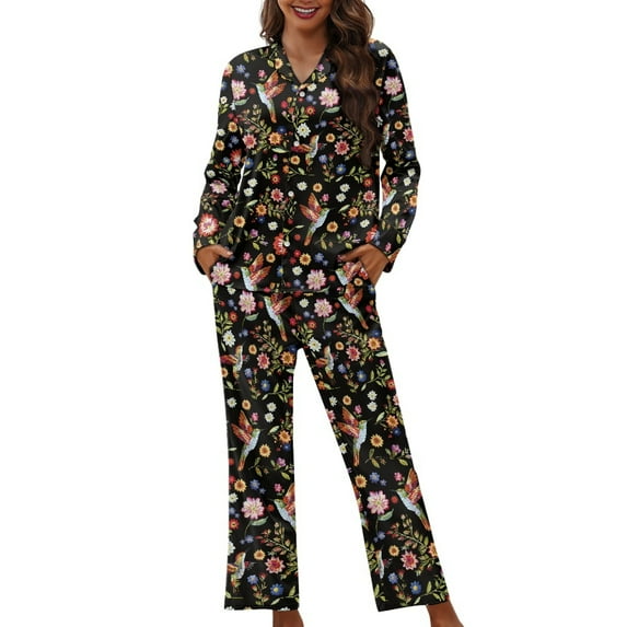 FOR U DESIGNS Flower Hummingbird Pajama Sets for Women 2 Piece Button Up Long Sleeve Button Pajamas Tops for Women Size XS Womens Nightwear Sets Button Front Sleepwear