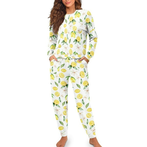 FOR U DESIGNS Flower Lemon Pajama Set for Women with Pockets Long Sleeve Pants and Crew Neck Tops Drawstring Lounge Pants 2 Piece Size S Nightwear for Women