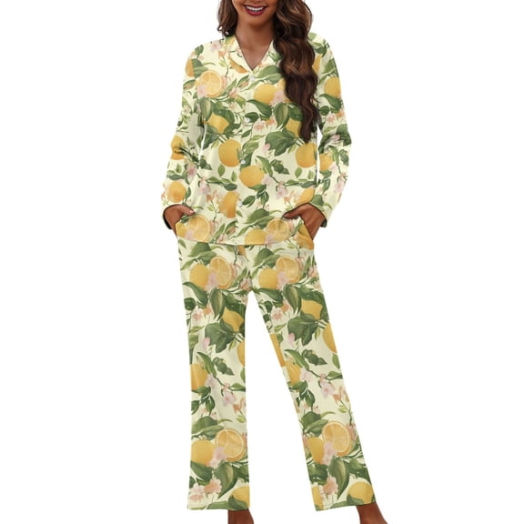 FOR U DESIGNS Flower Lemon Womens Button Down Pajama Sets Long Sleeve Pj Pants Set 2PCS Size XS Sleepwear Long V-neck Tops for Womens Nightwear Button Front Jogger