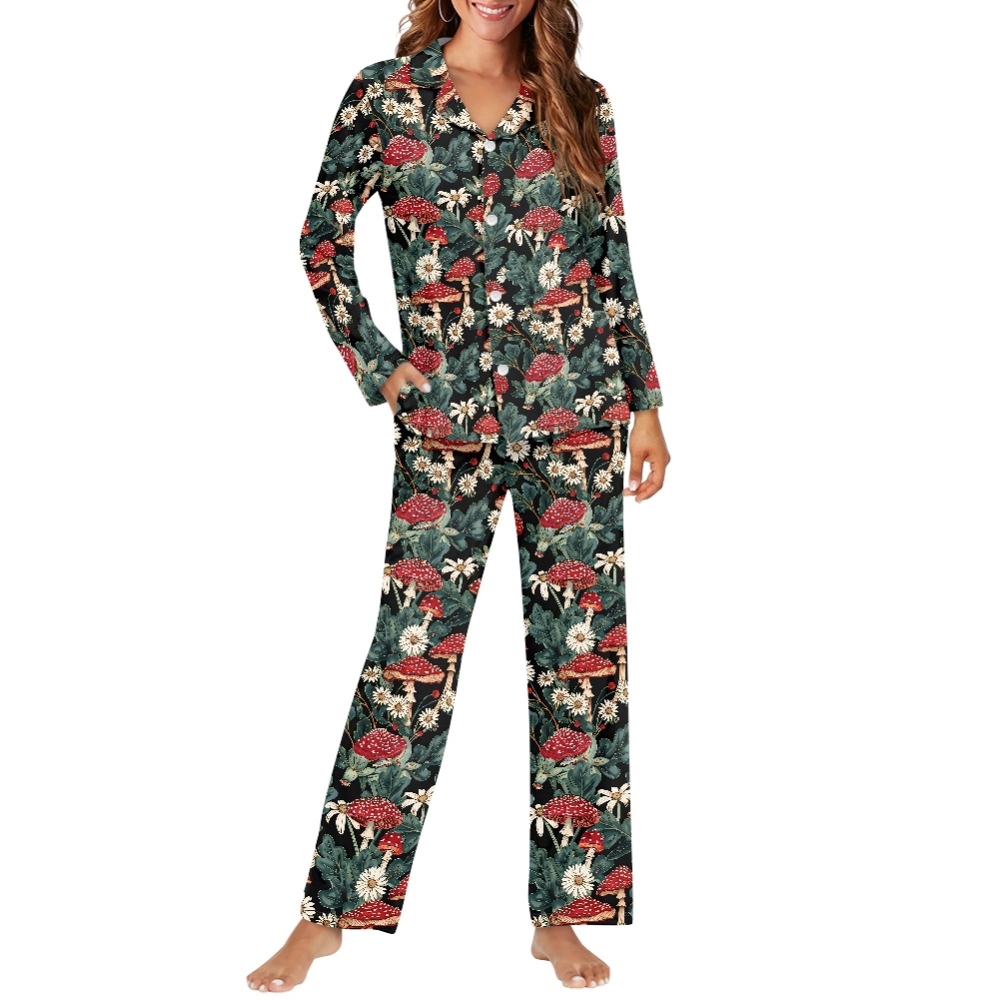Button Pyjamas FOR U DESIGNS Flower Mushroom Button Down Nightwear for Women 2 Piece ...